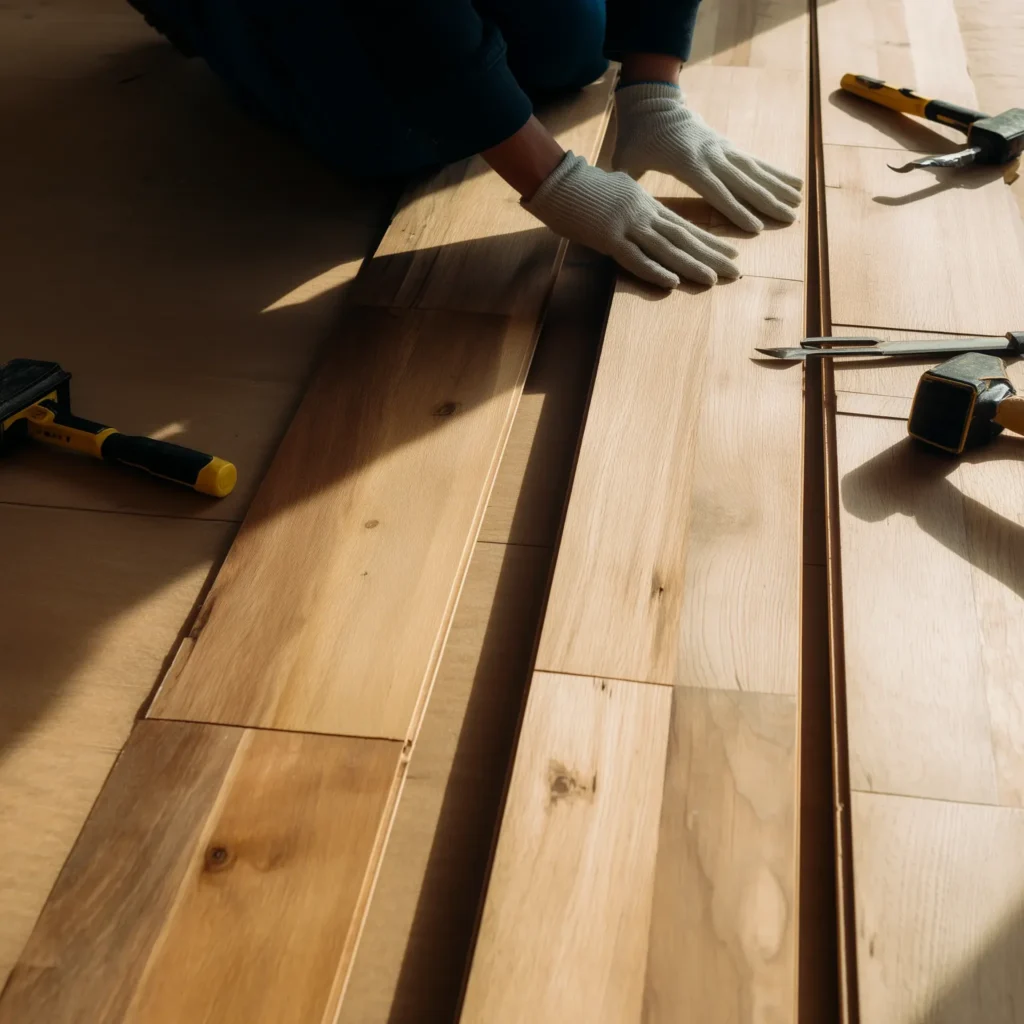Flooring professional installing hardwood flooring
