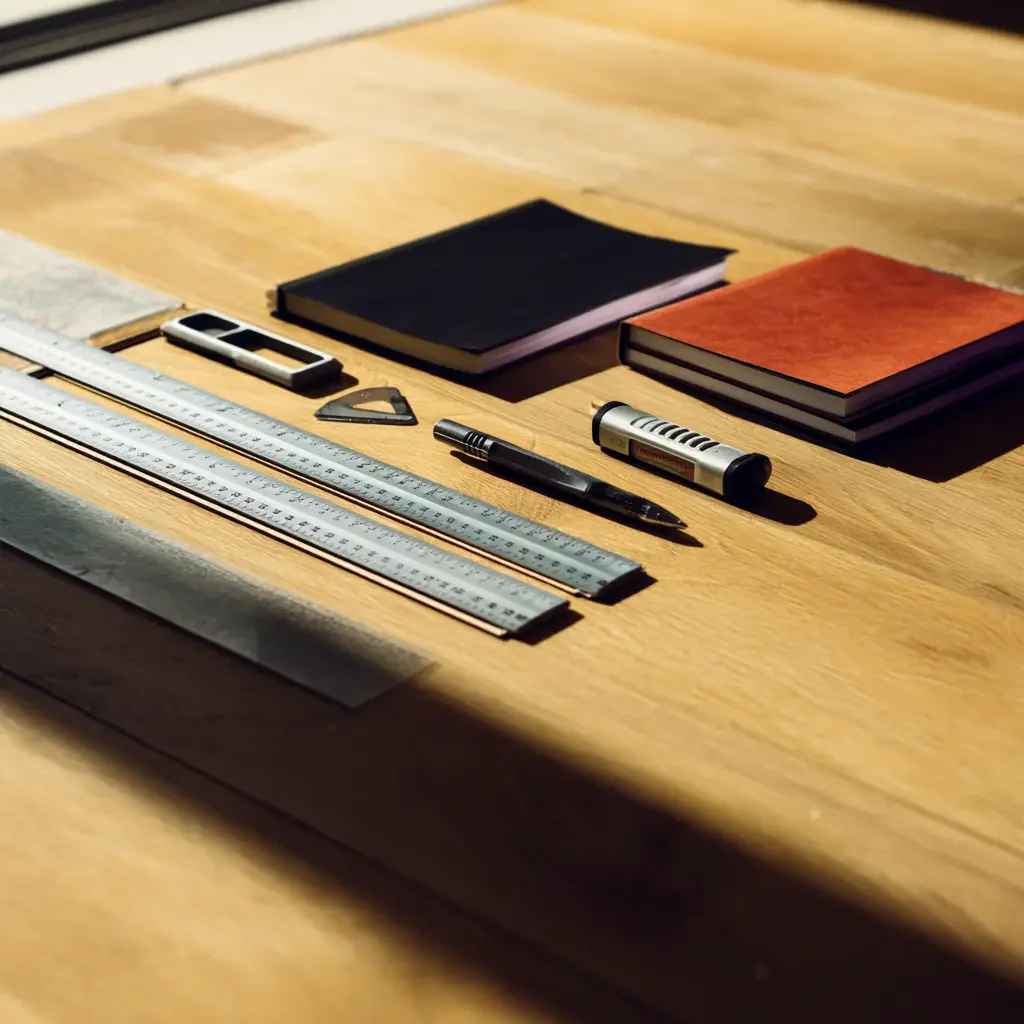 Measuring tools, notebooks, pencil