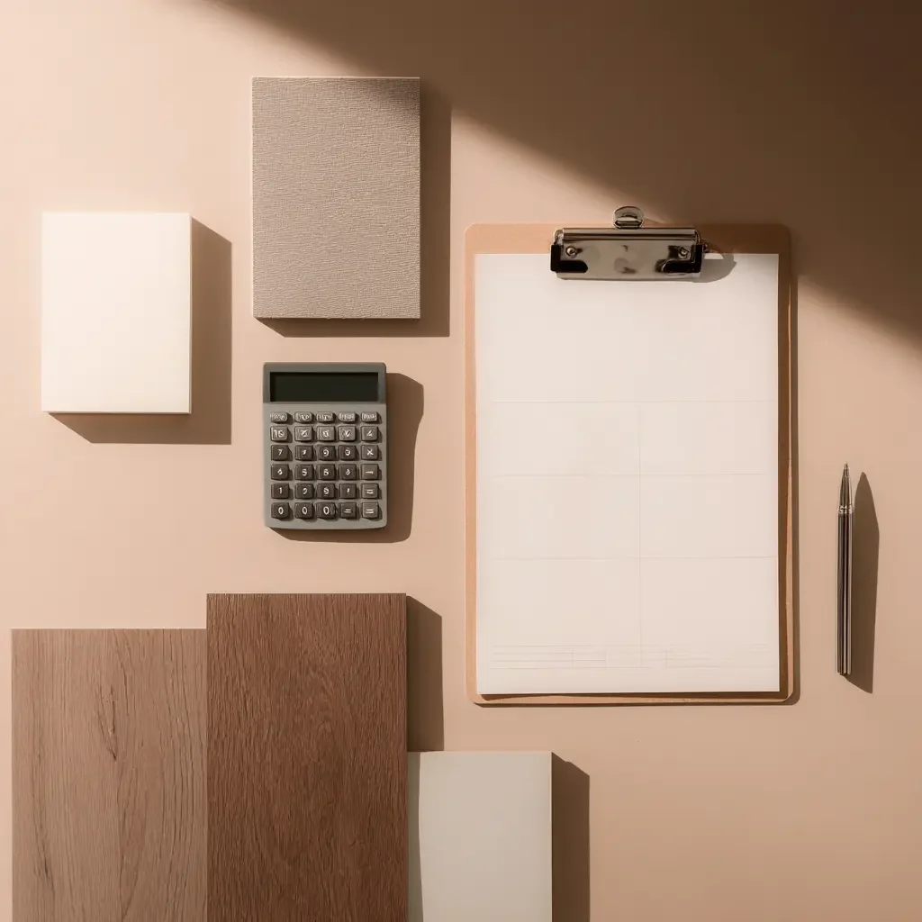 Flooring samples, notepad, calculator