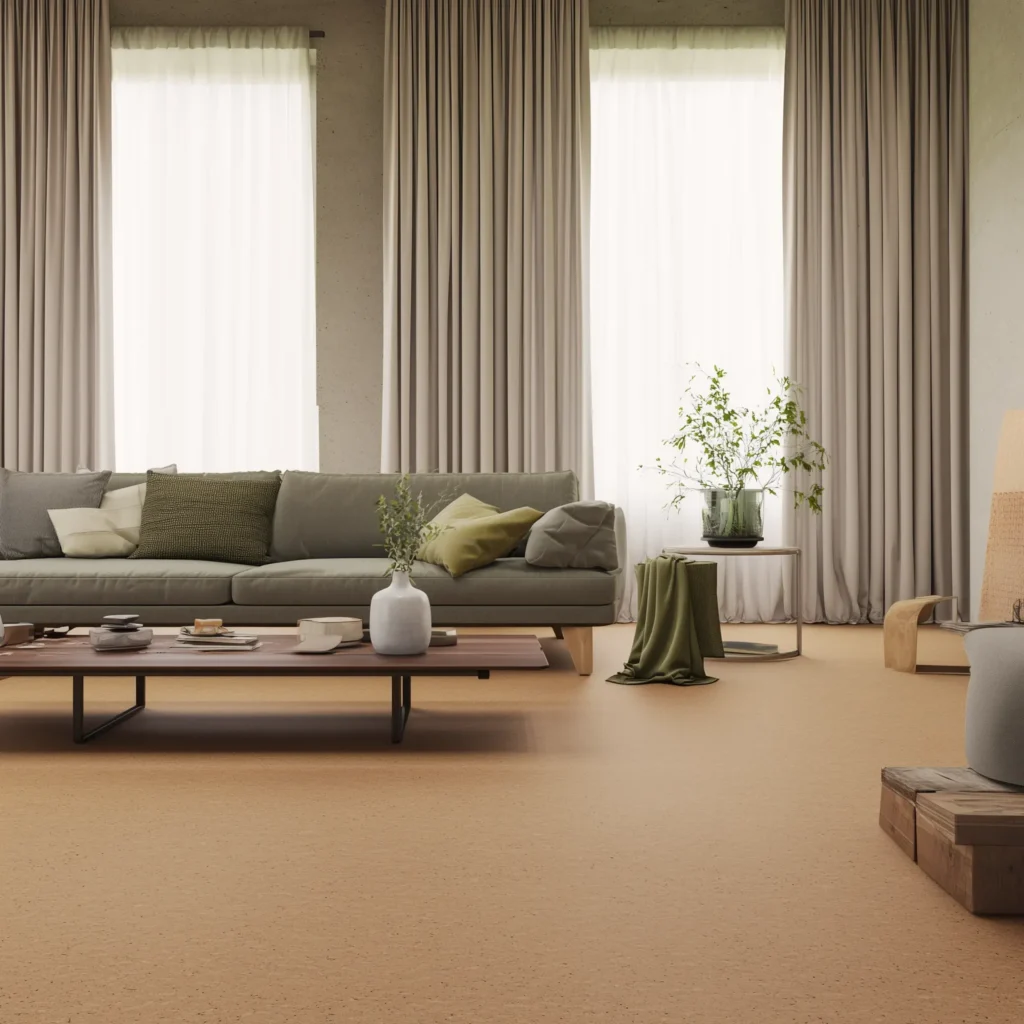 Cork flooring in large modern living room
