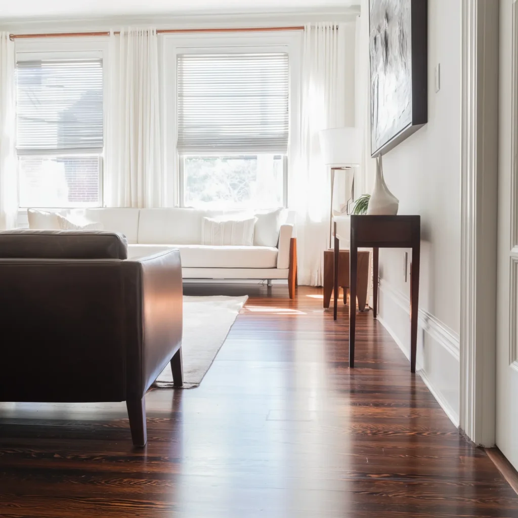Dark hardwood flooring in bright living room