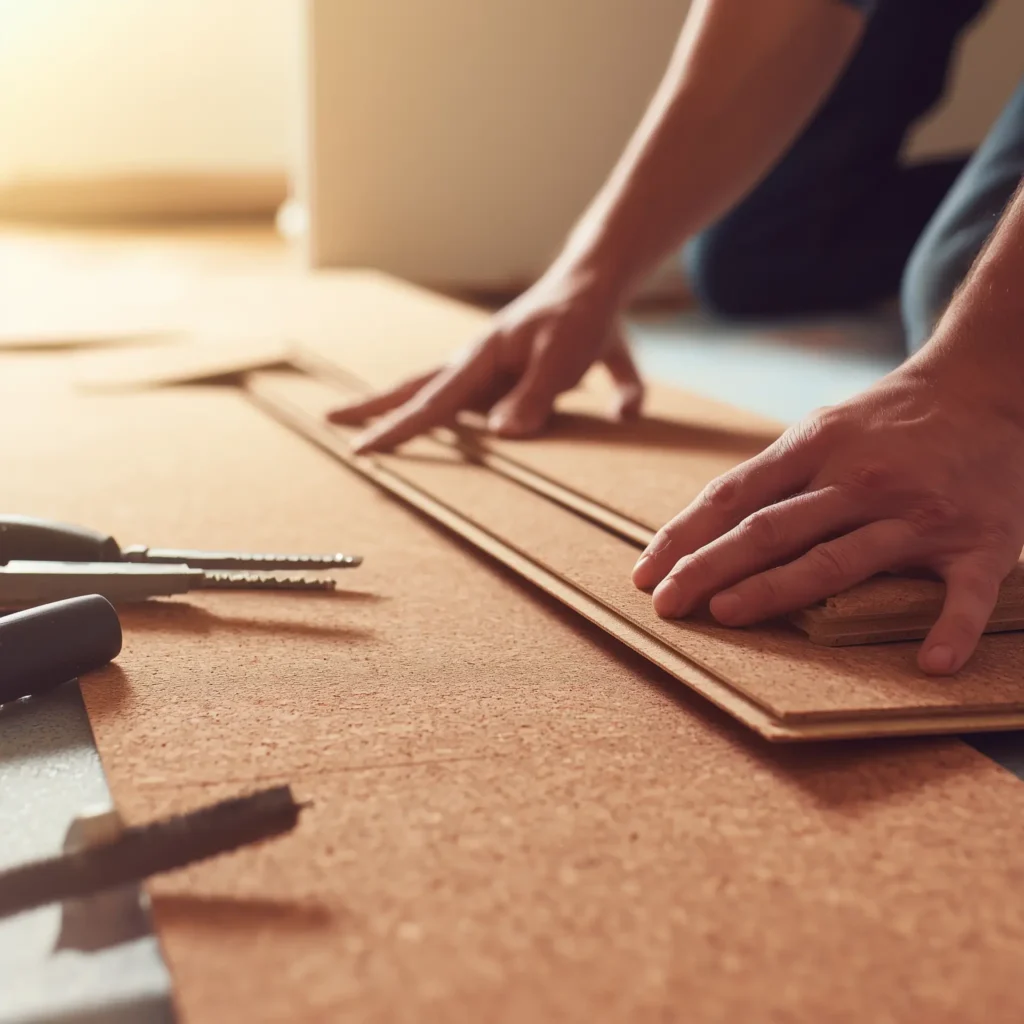 Flooring professional installing cork flooring