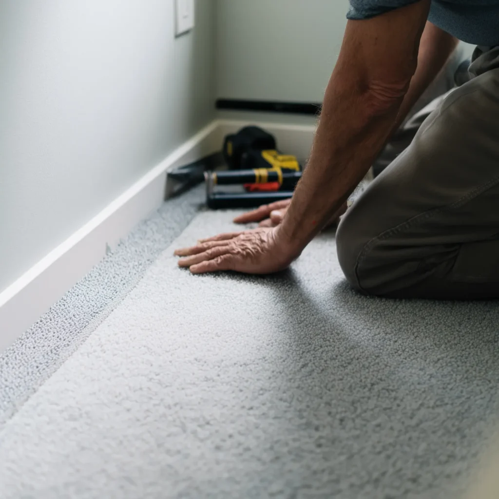 Flooring professional installing carpet