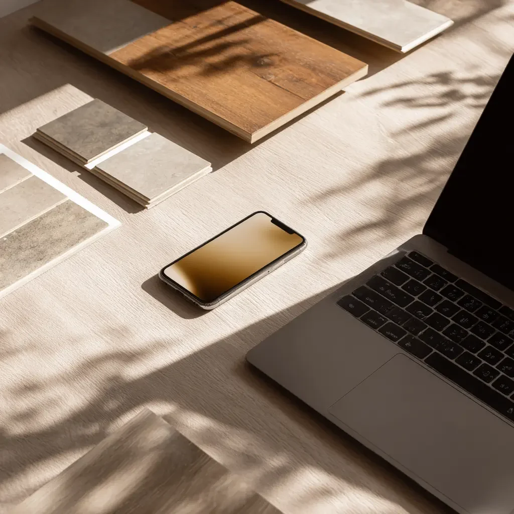 Flooring samples, laptop, mobile