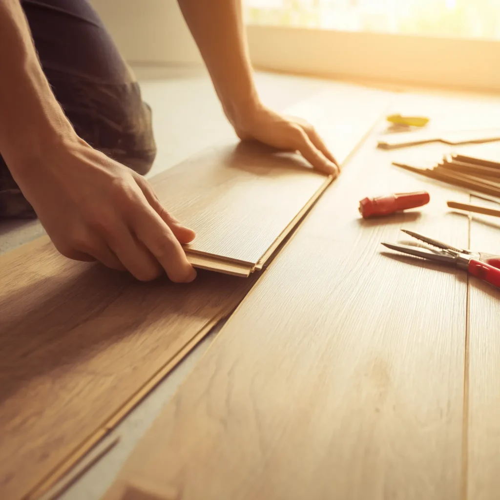 Flooring professional installing laminate flooring