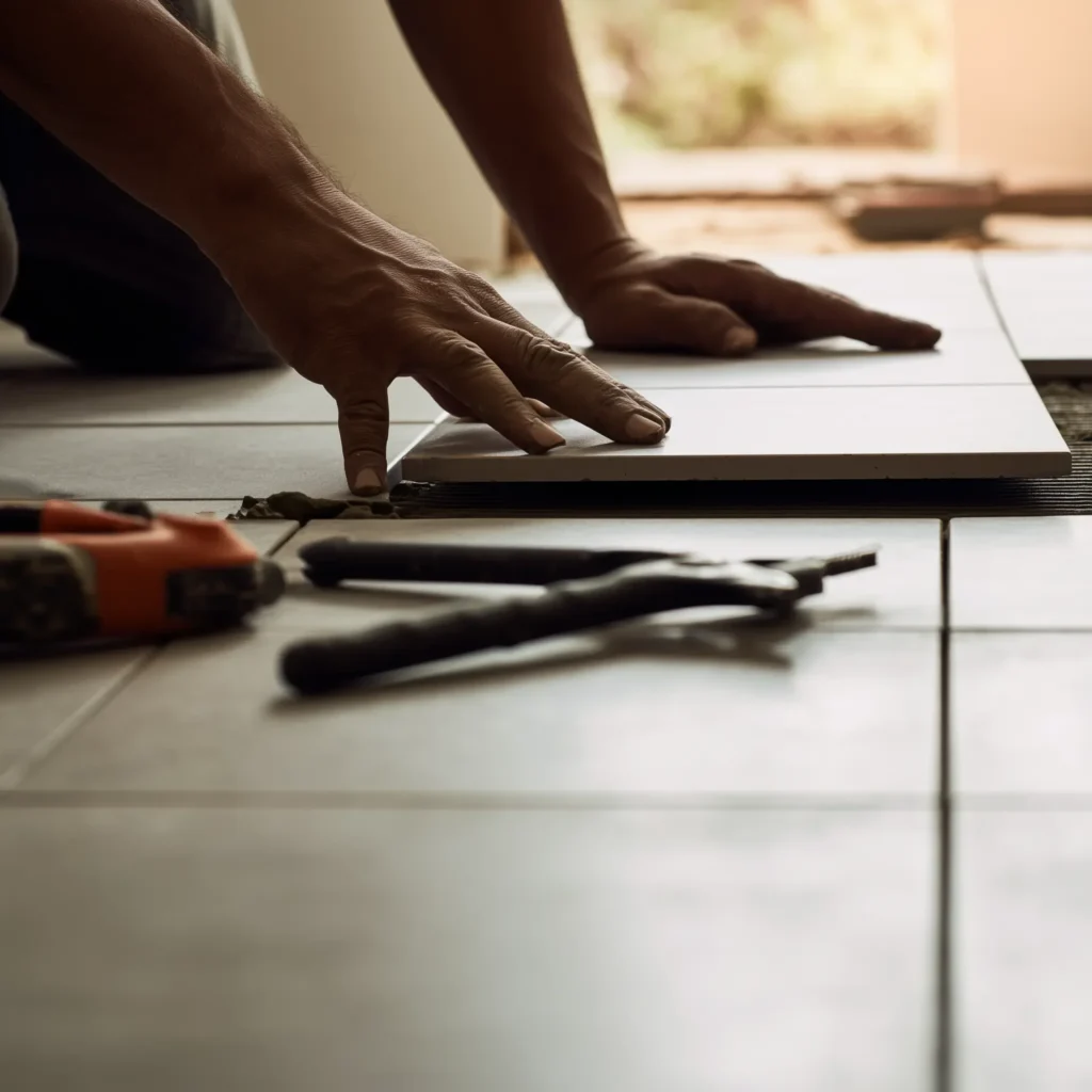 Flooring professional installing tiles