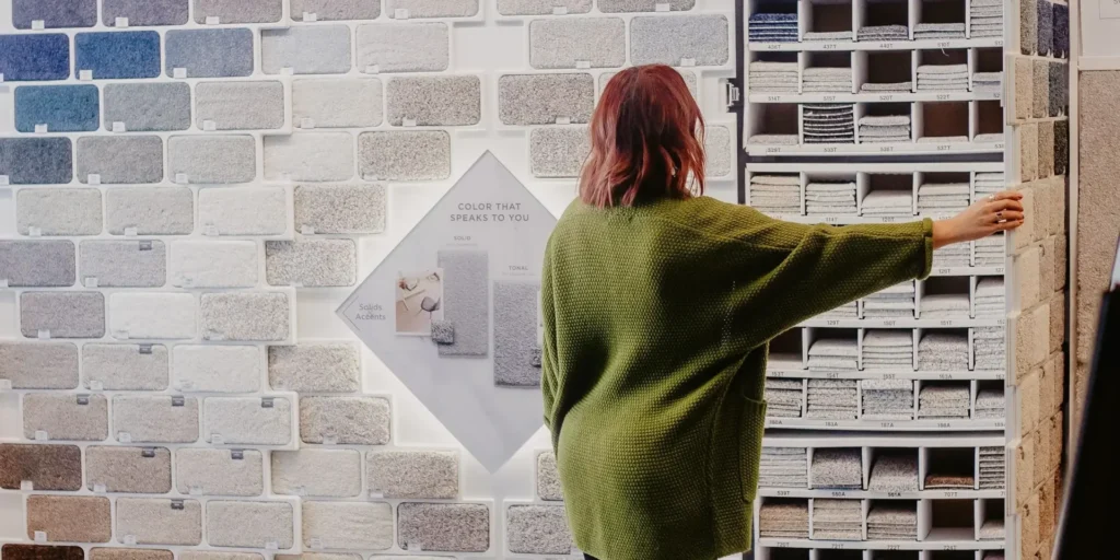 Woman looking at a wall of carpet samples