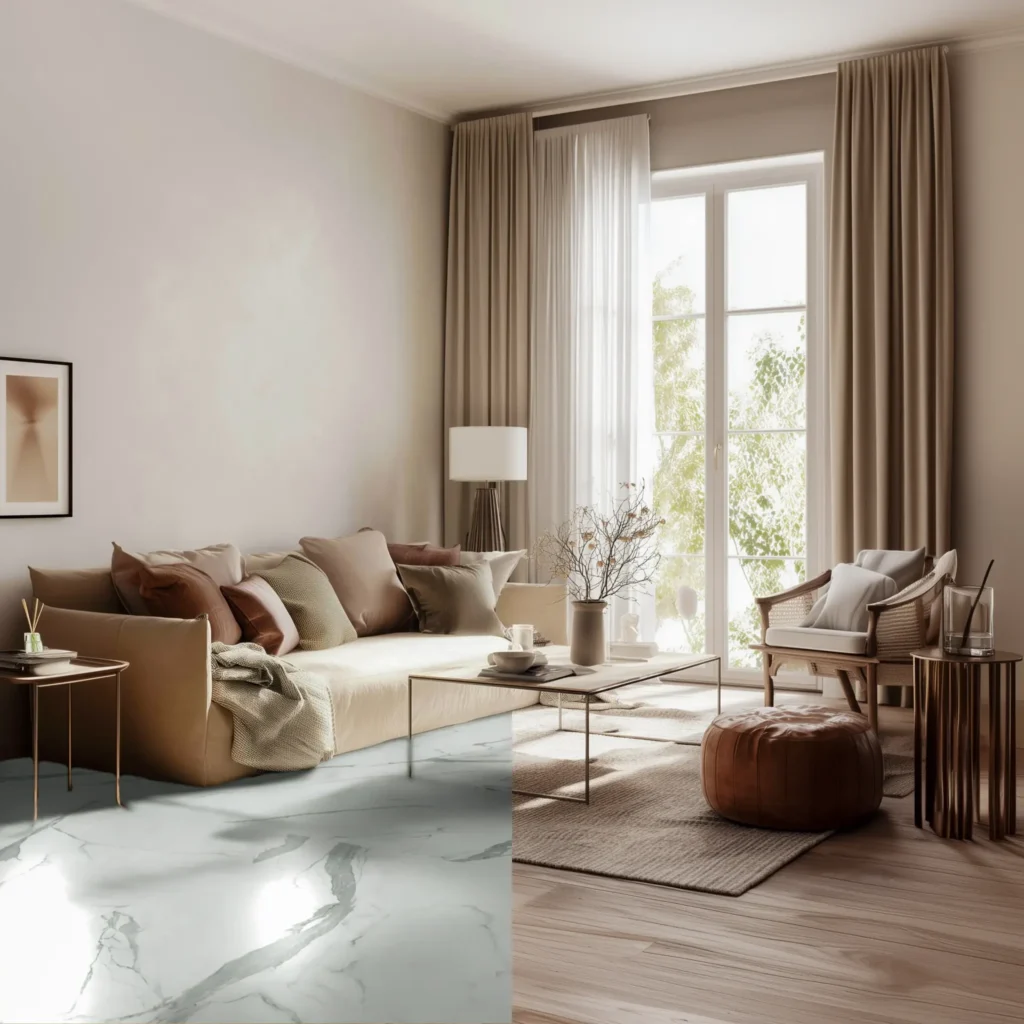 Room scene with different flooring products showed side by side