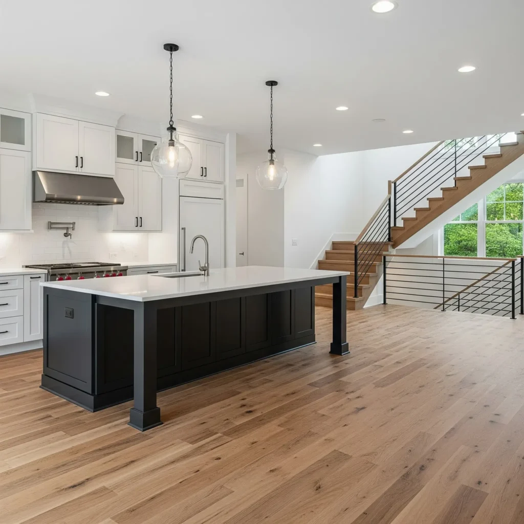 Hardwood floors in modern kitchen with dark island