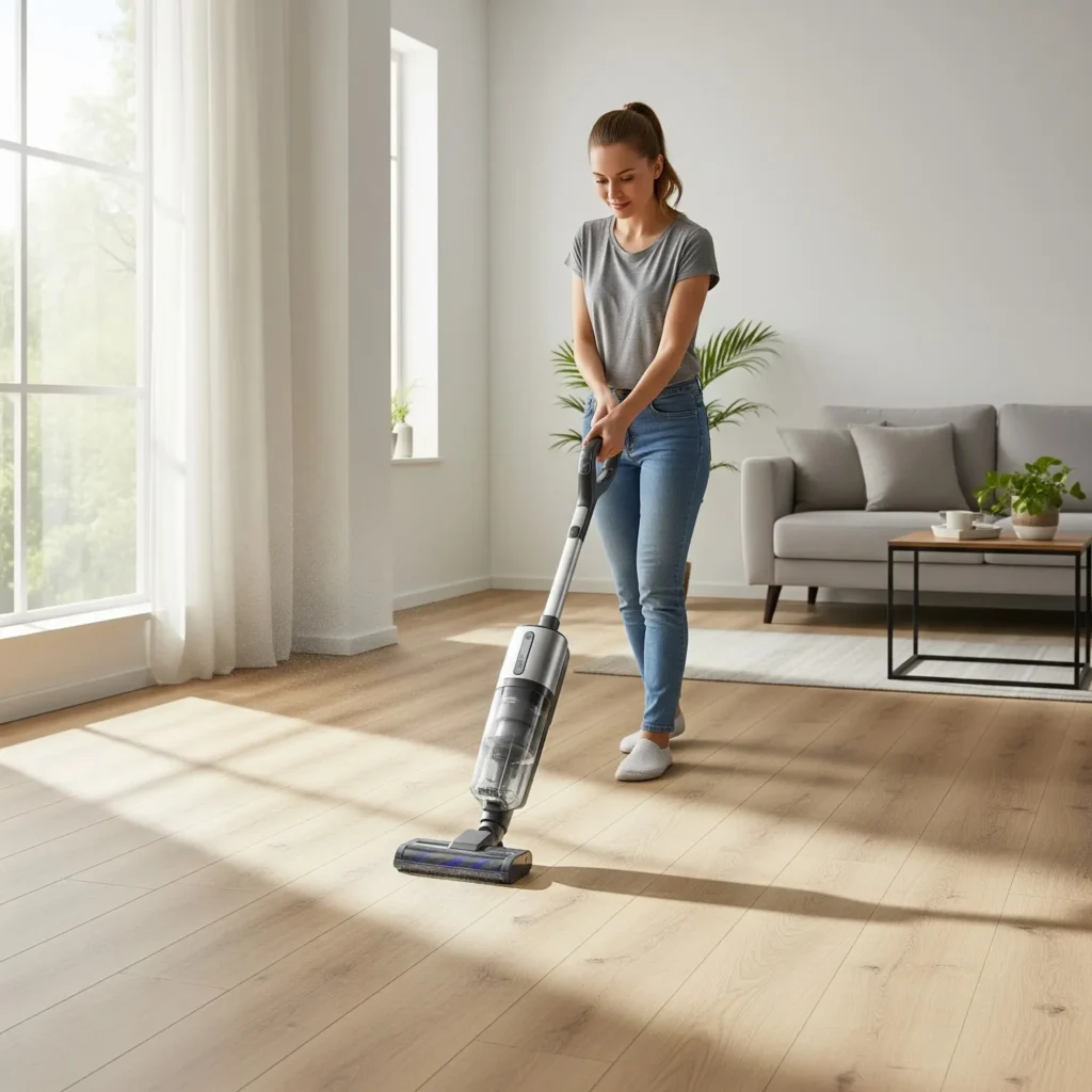 Woman vacuuming laminate floors