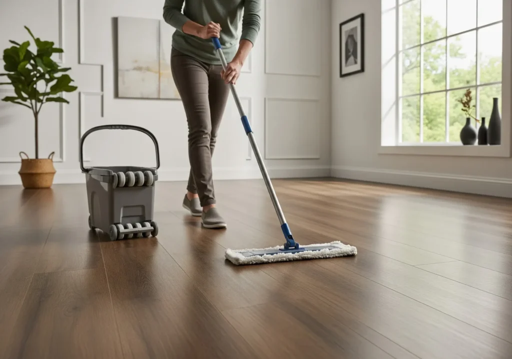 Person mopping luxury vinyl floors