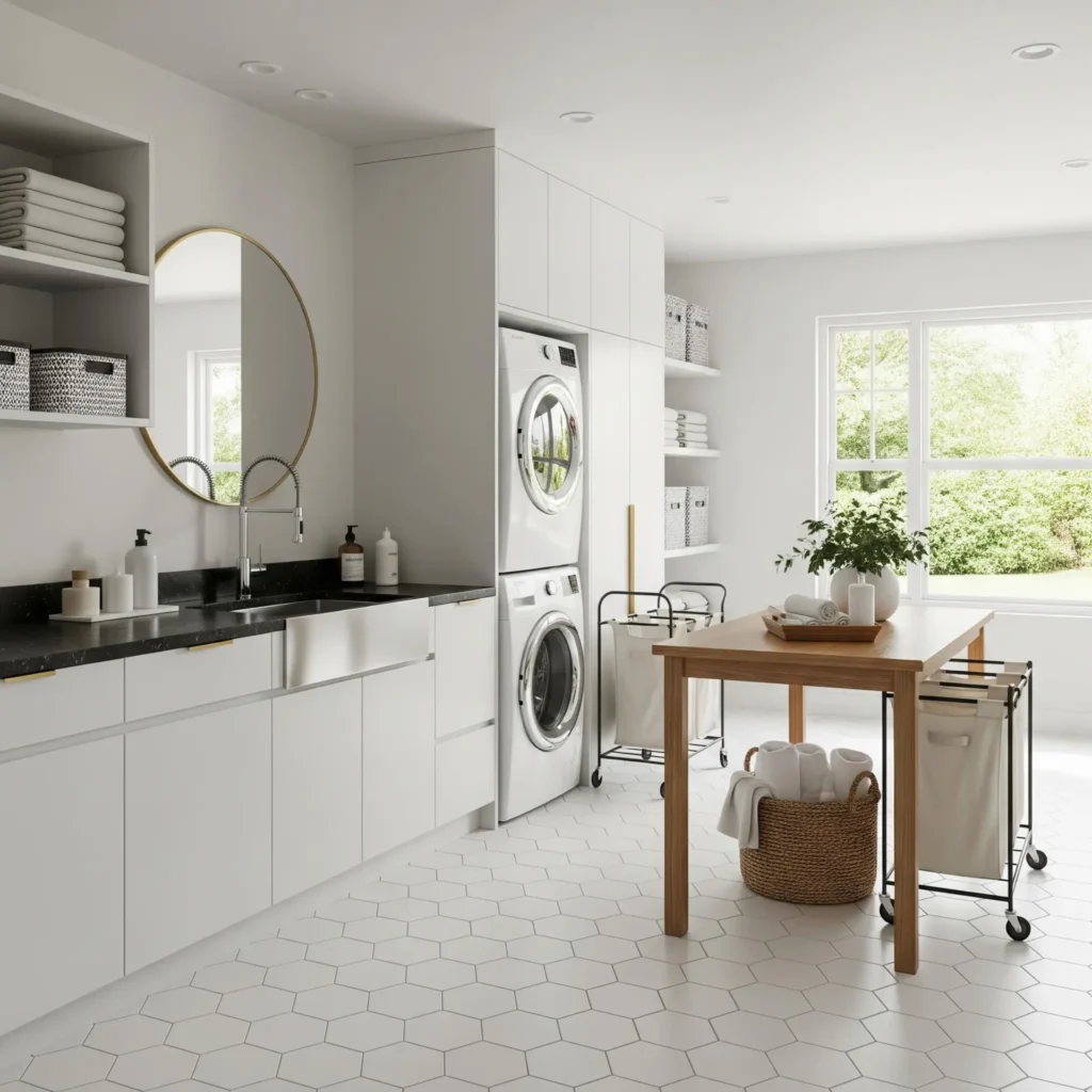 Tile flooring in modern laundry room