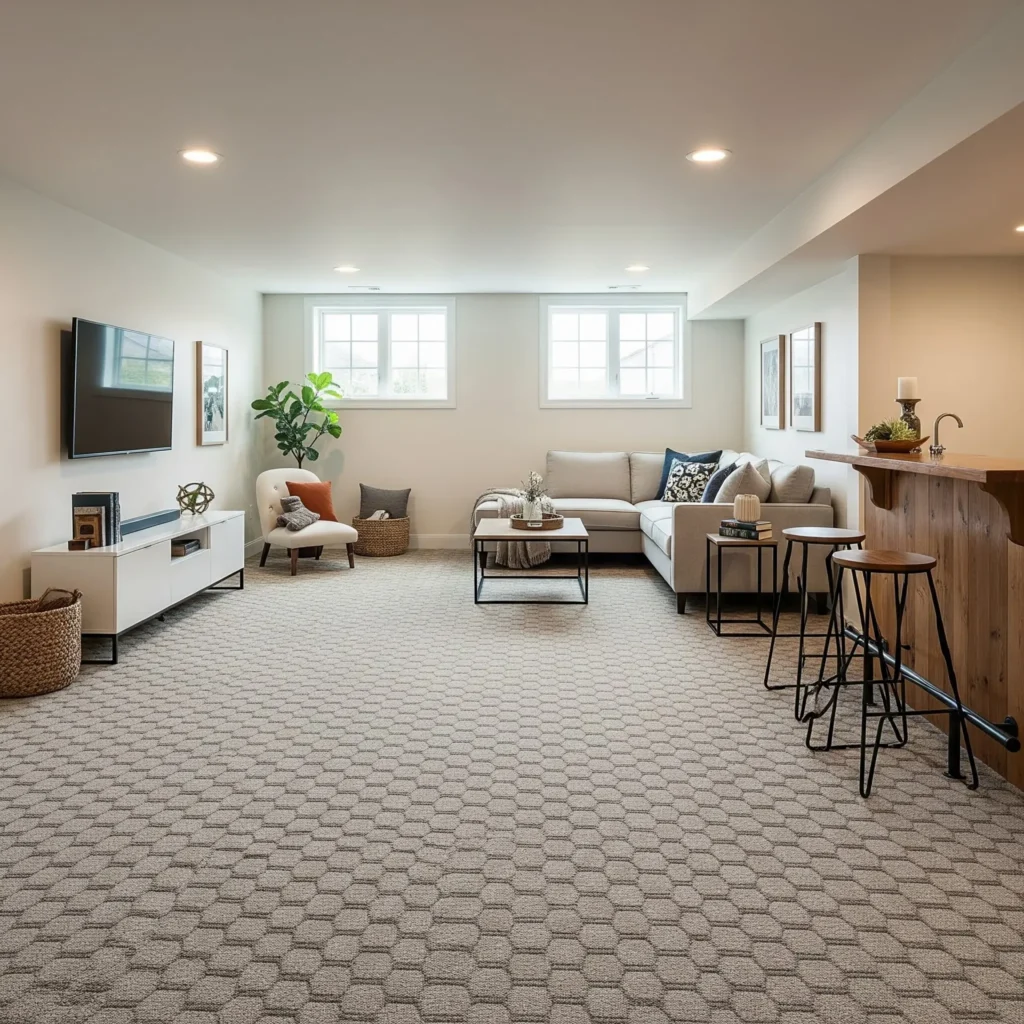Patterned carpet in basement