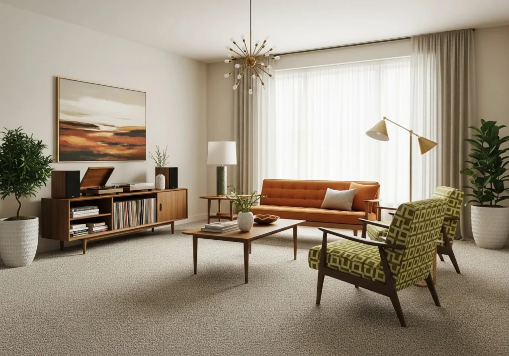 Carpet floors in mid-century living room