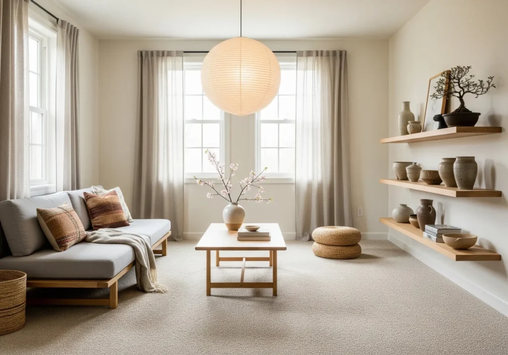 Carpet flooring in japandi style living room