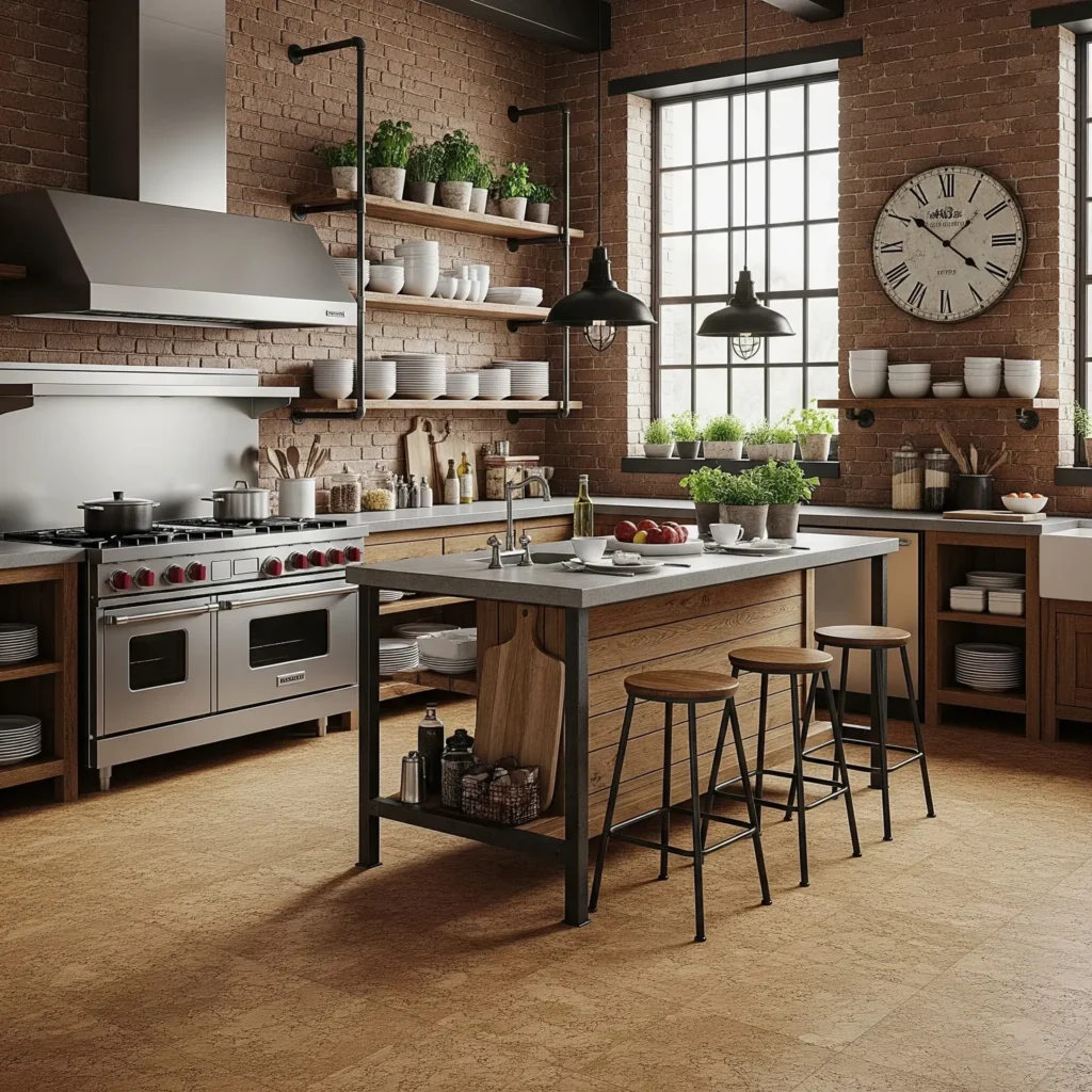 Cork flooring in industrial style kitchen