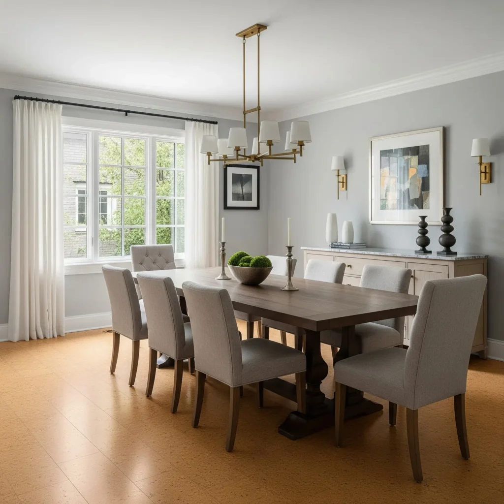 Cork flooring in transitional style dinning room