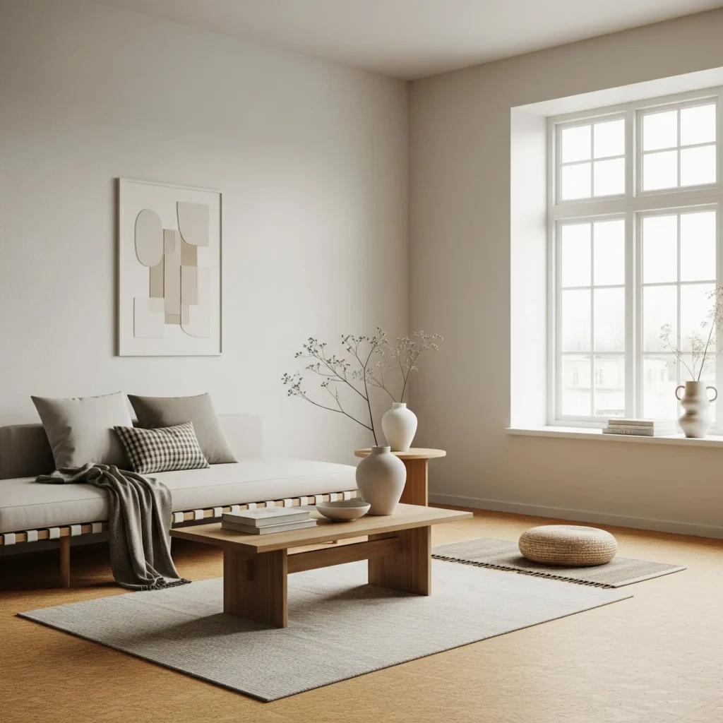 Cork flooring in minimalist living room