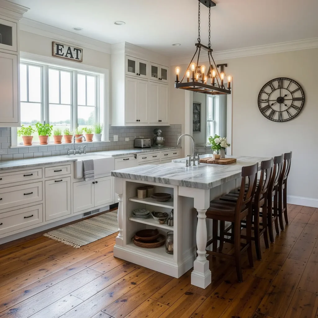 Hardwood floors in a farmhouse style kitchen