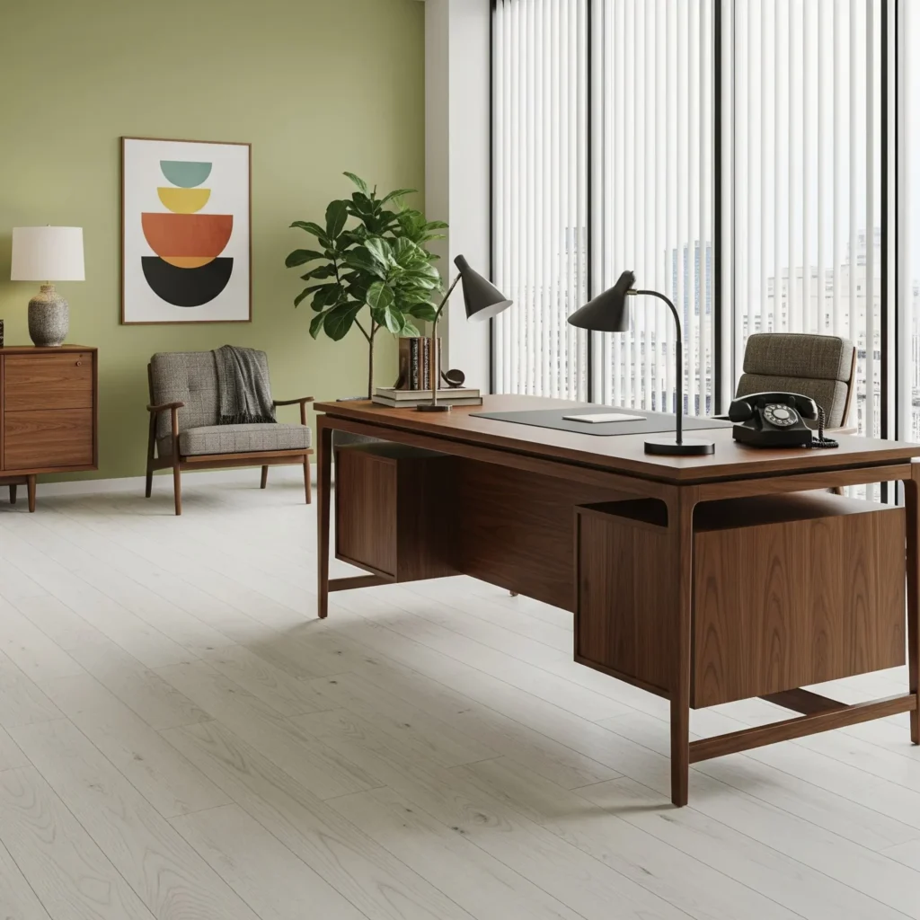 Whitewash walnut hardwood flooring in mid-century style office