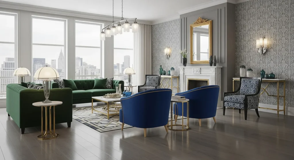 Maple hardwood floors in art deco style living room