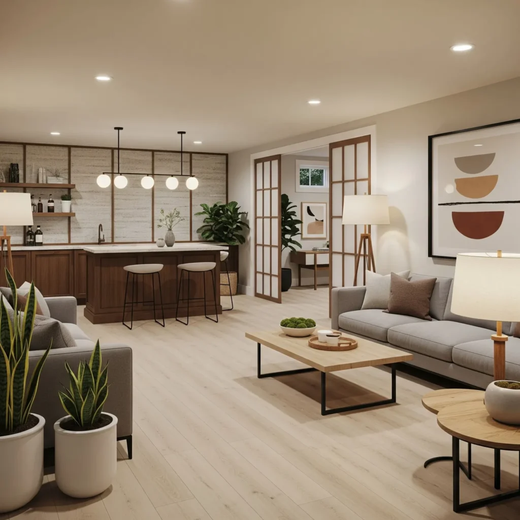 Laminate floors in open concept basement area with bar