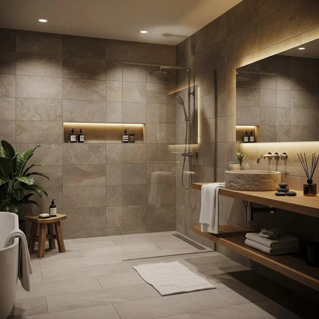 Tile flooring and walls in modern bathroom