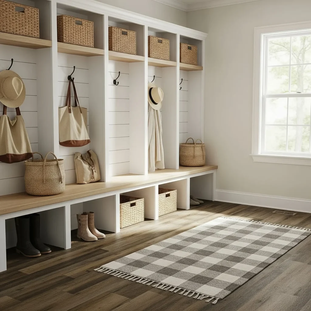 Luxury vinyl in modern mudroom