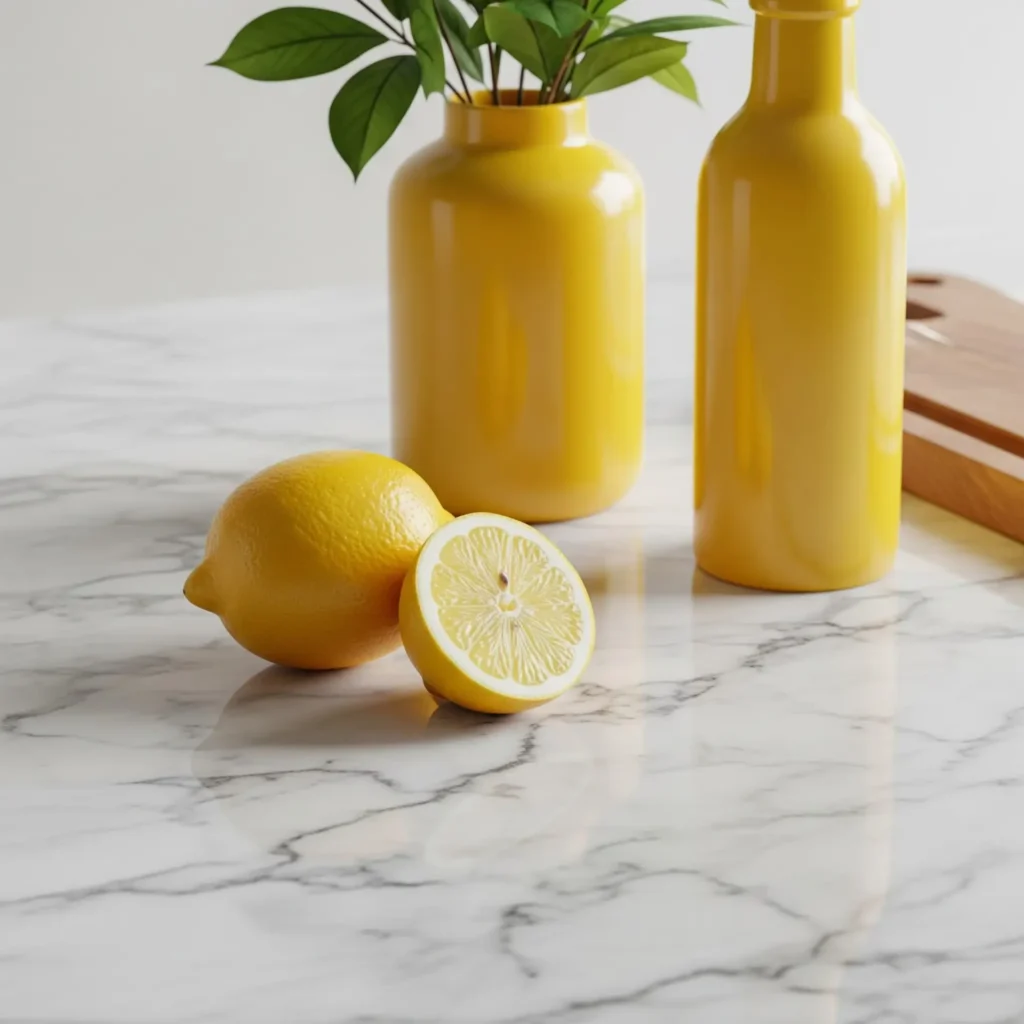 Lemons and flower vases on quartz countertop